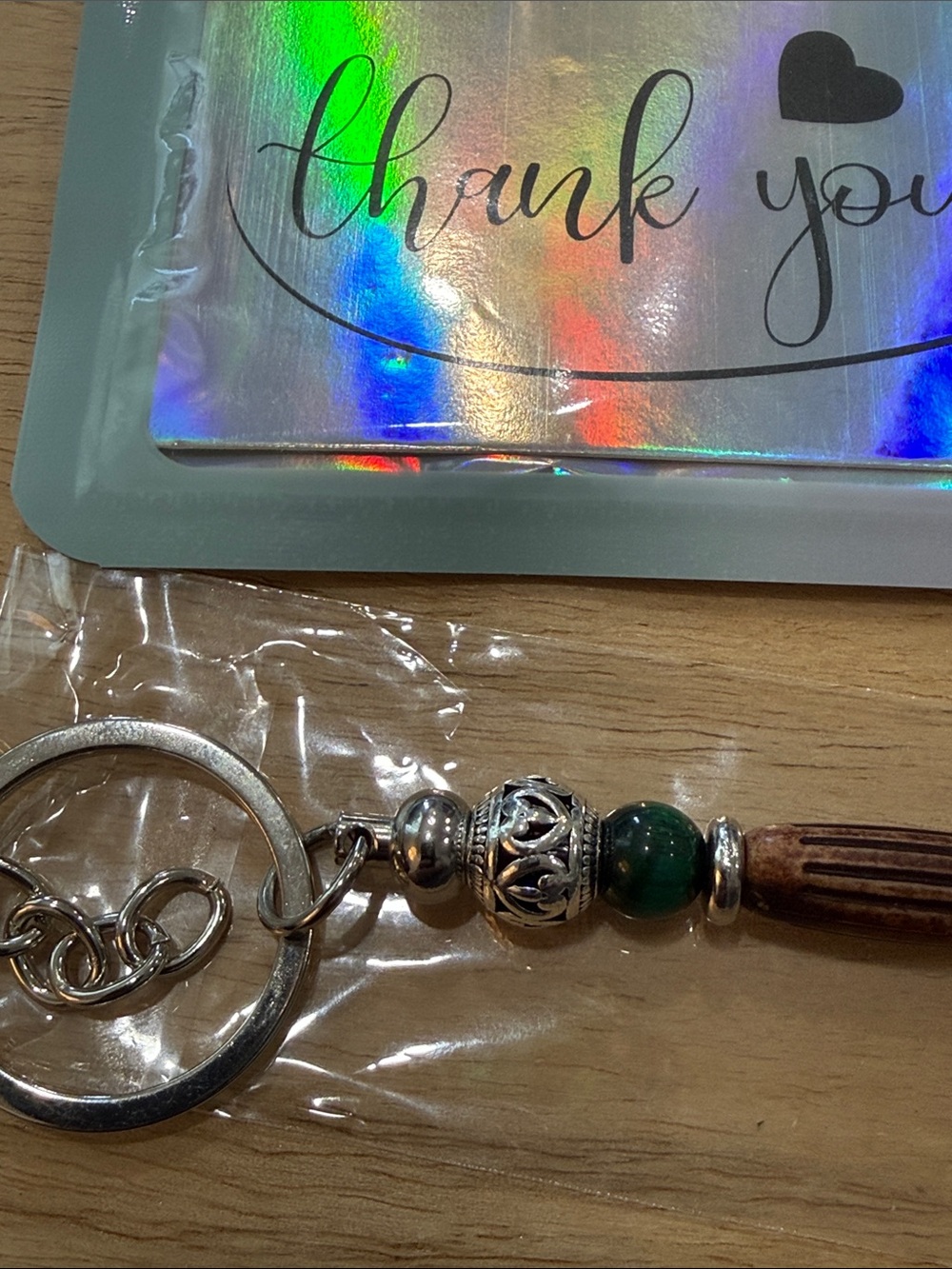 Wood Bead Keychain with Green Stone Accents - Picture 3 of 7